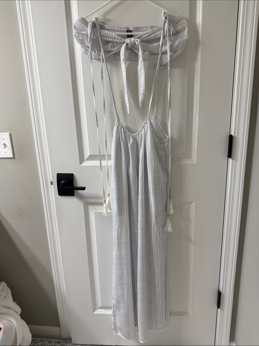 SHEIN Light Gray Striped Sleep Jumpsuit with Tassel Ties